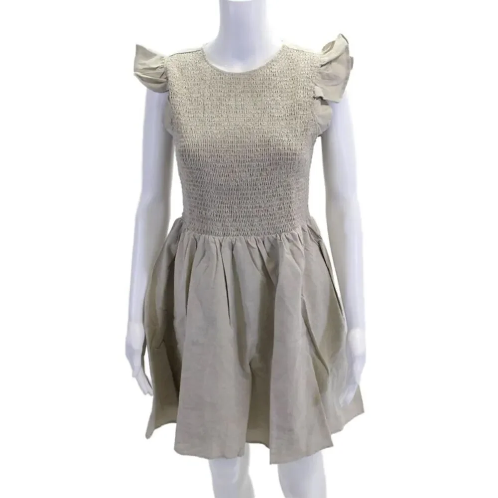 English Factory Womens Cap Sleeve Smocked Crew Neck Mini Dress Beige Size Small